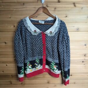 Sweater Loft Vintage Christmas Cardigan Geese Lace Collar Blue Large USA Made